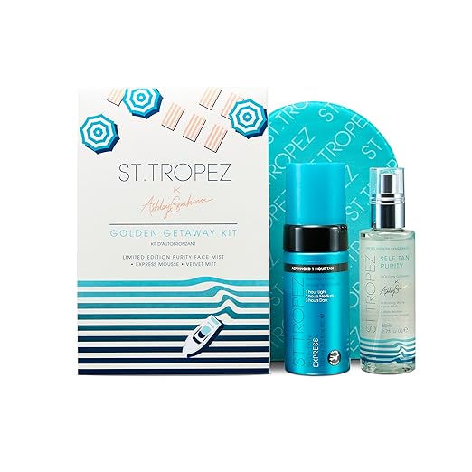 St.Tropez Ashley Graham Golden Getaway Kit, Self Tan Set with Award-Winning Express Bronzing Mousse, Velvet Applicator Mitt and Limited Edition Scent Purity Face Mist, Vegan, Natural & Cruelty Free