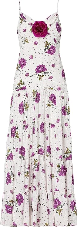 Rodarte Purple Rose Printed Silk Tiered Dress With Silk Flower