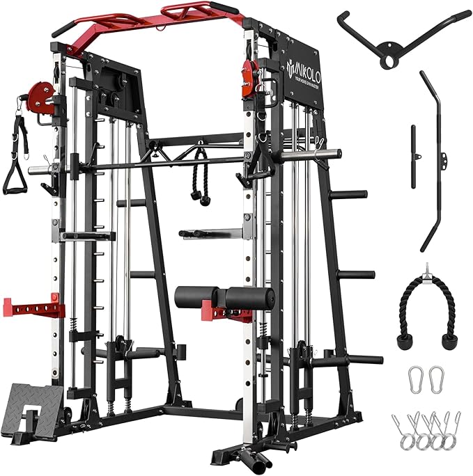 Mikolo Smith Machine, 2200lbs Squat Rack with LAT-Pull Down System & Cable Crossover Machine, Training Equipment with Leg Hold-Down Attachment