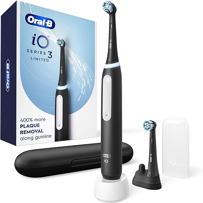 Oral-B iO Deep Clean Rechargeable Electric Powered Toothbrush, Black with iO Series 3 Limited, 2 Brush Heads and Travel Case - Pressure Sensor to Protect Gums - 3 Cleaning Settings - 2 Minute Timer