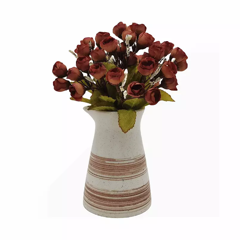 Artificial Bud Roses In Ceramic Vase Floral Arrangement Table Decor